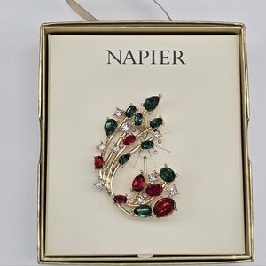 Napier Gold Brooch with Red and Green Accents Christmas Pin New In Gift Box